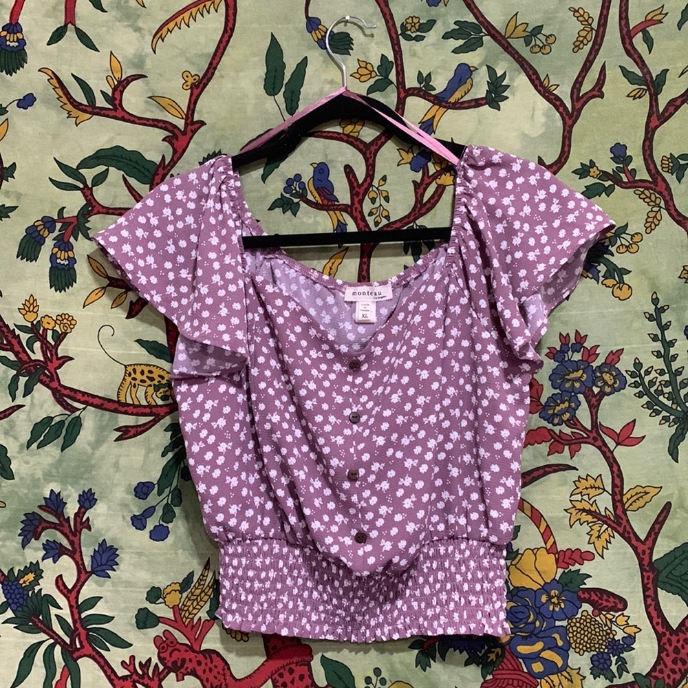 Monteau Lavender Flutter Cap Sleeve Cropped Blouse, size XL